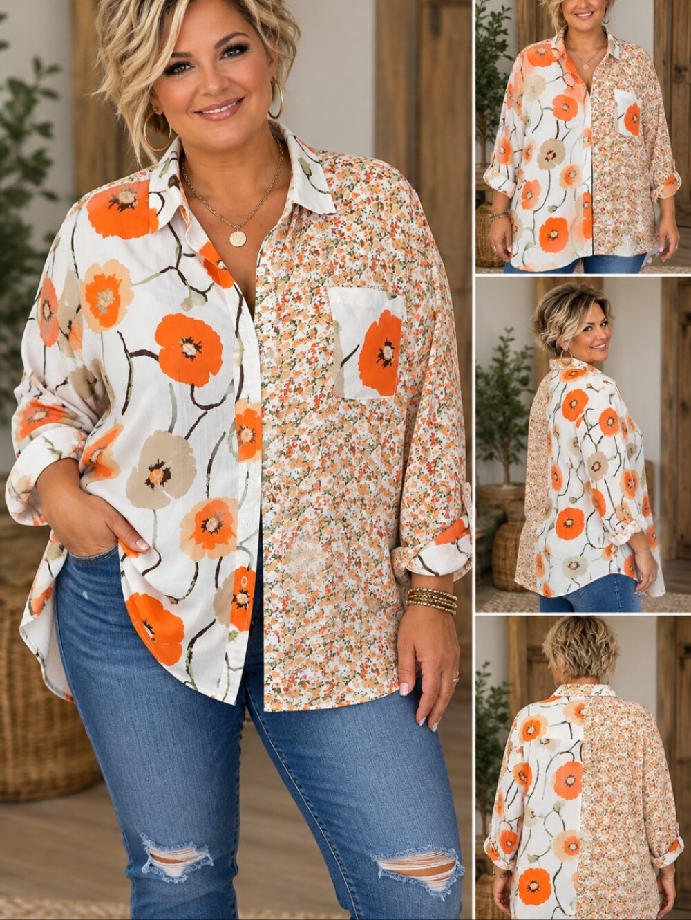 Floral Split-Print Button-Up Shirt - Orange/White